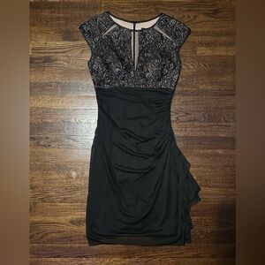 B&A by Betsy and Adam Black Tan Short Sleeve Midi Dress Lace Sequin Detail Sz 6
